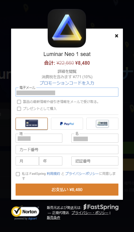 Luminar NEO特別価格適用の決済画面