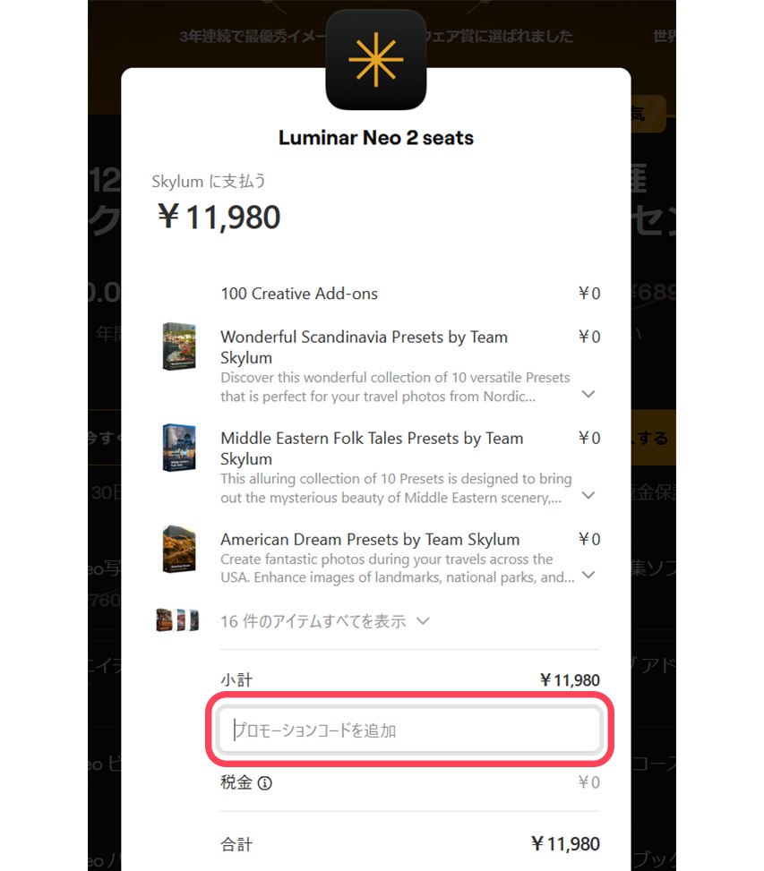 Luminar NEO購入画面　プロモーションコード入力後の価格
