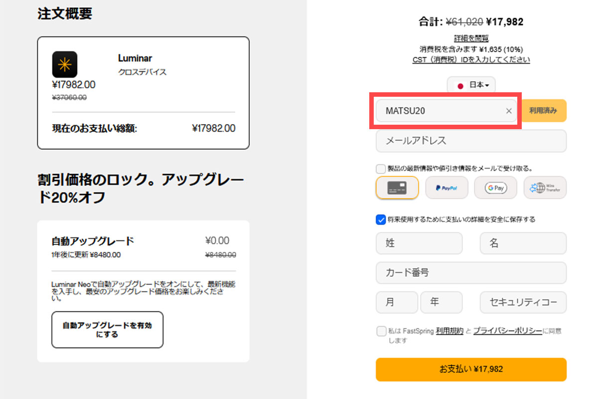 Luminar クーポンコード入力後