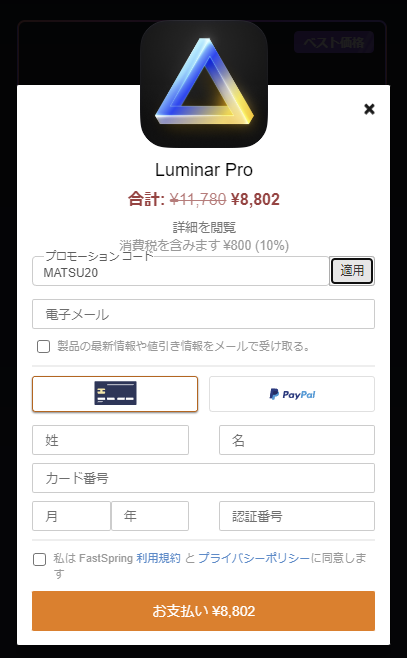Luminar NEO購入画面　プロモーションコード入力後の価格