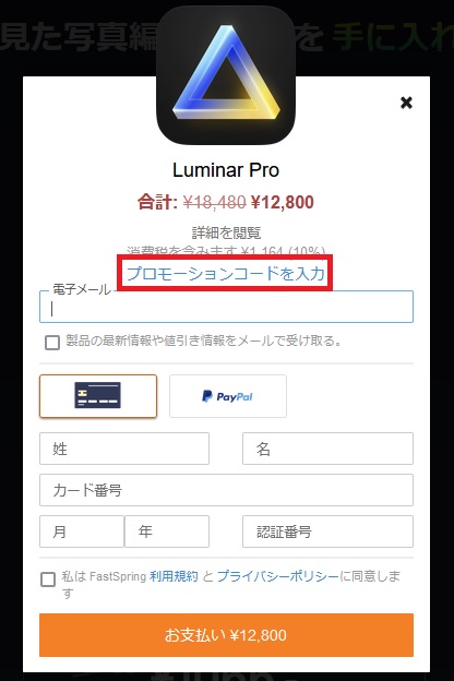 Luminar NEO購入画面 プルモーションコード入力