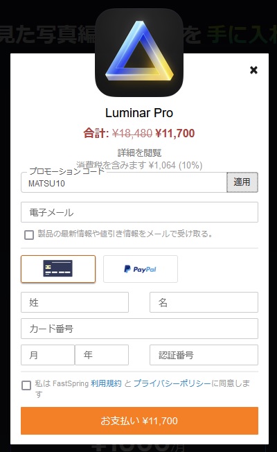 Luminar NEOプロモーションコード入力後の価格