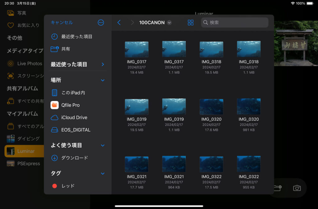 iPad用Luminarのファイル選択