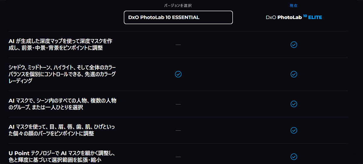 ESSENTIALとELITEの比較表