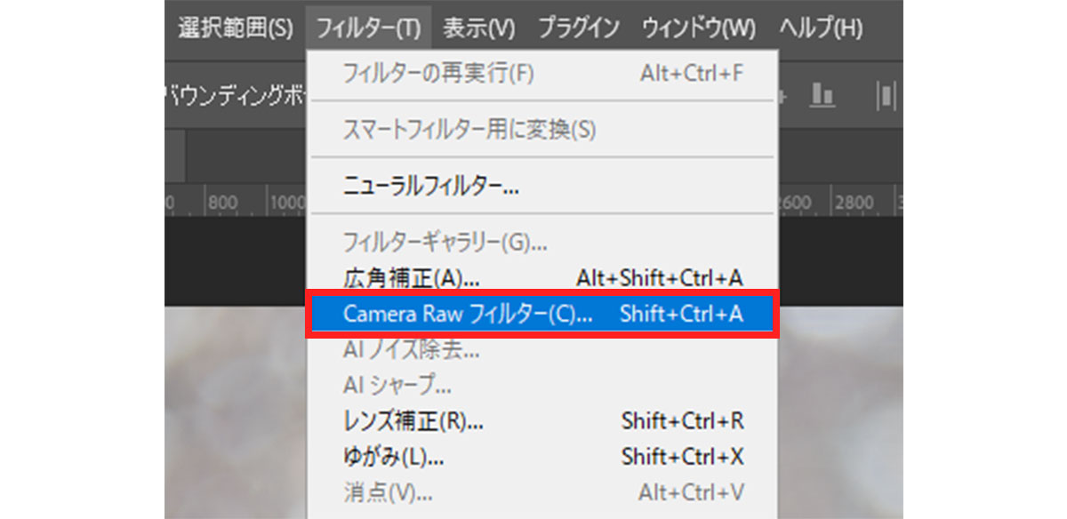メニューのCamera Rawフィルターを選択