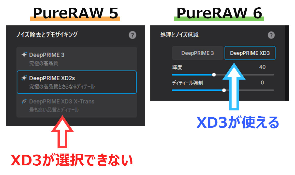 PureRAW 5とPureRAW 6の処理方式選択画面比較