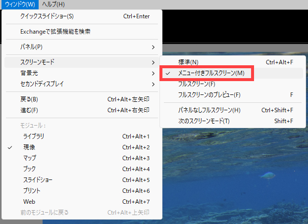 Lightroomのフルスクリーン設定