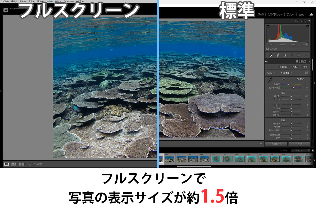 Lightroomの標準とフルスクリーンの写真サイズ比較