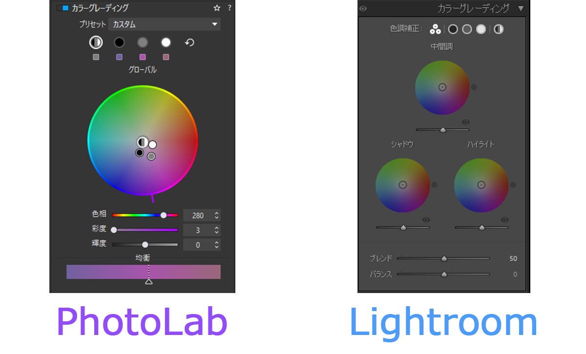 PhotoLab 10のカラーグレーディングのカラーホイールをLightroomと比較
